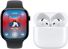 Apple Watch Series 11, pouzdro z břidlicově šedého titanu, černý sportovní řemínek, otevřená aplikace Hudba, spárované s AirPody 4