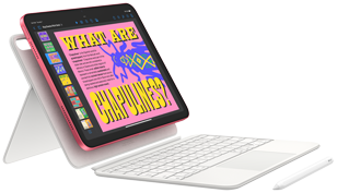 Ilustrace zobrazující iPad, Magic Keyboard Folio a Apple Pencil.