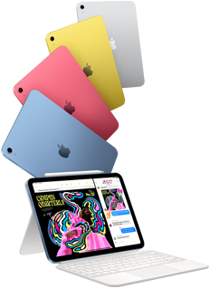 iPad v modré, růžové, žluté a stříbrné a iPad s připnutým Magic Keyboard Foliem a Apple Pencilem