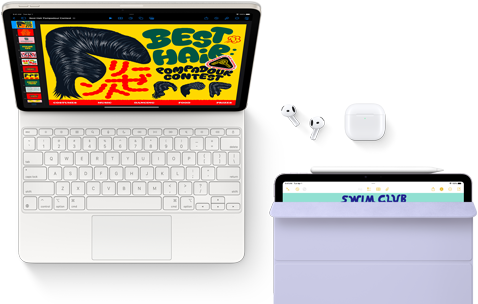 iPad Air přichycený k Magic Keyboardu, AirPody Pro, Apple Pencil Pro a Smart Folio