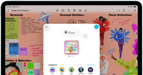 iPad Air, pohled zepředu, orientace na šířku, tlačítka zvýšení a snížení hlasitosti a tlačítko napájení, na displeji se zobrazuje barevné rozhraní aplikace s různými ikonami