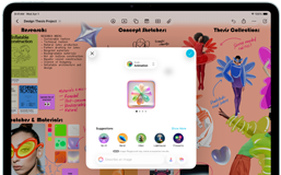 iPad Air, pohled zepředu, orientace na šířku, tlačítka zvýšení a snížení hlasitosti a tlačítko napájení, na displeji se zobrazuje barevné rozhraní aplikace s různými ikonami