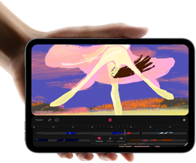 Pohled zepředu na iPad mini držený v ruce, na obrazovce jsou barevné klipy v rozhraní na úpravy videa, pod nimi zmínka o čipu A20 Pro
