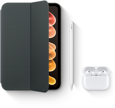 iPad mini s kompatibilními doplňky, jako jsou Smart Folio na iPad mini (A20 Pro), Apple Pencil USB‑C a AirPody Pro 3