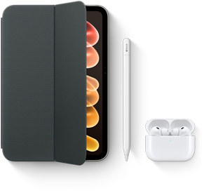 iPad mini s kompatibilními doplňky, jako jsou Smart Folio na iPad mini (A20 Pro), Apple Pencil USB‑C a AirPody Pro 3