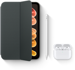 iPad mini s kompatibilními doplňky, jako jsou Smart Folio na iPad mini (A20 Pro), Apple Pencil USB‑C a AirPody Pro 3