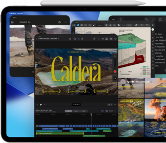 iPad Pro, pohled zepředu, orientace na šířku, vesmírně černá barva, Apple Pencil přicvaknutý k horní straně zařízení, displej s několika okny aplikací otevřenými přes sebe – Final Cut Pro s časovou osou a různými funkcemi na úpravy videa, Mapy, Poznámky a různé mediální ukázky
