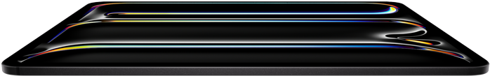 iPad Pro, pohled zepředu, vesmírně černá barva, tělo z hliníku a skla, tenký profil, nakloněný dozadu a na displeji se zobrazuje grafika s pestrobarevnými čárami