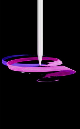 Apple Pencil Pro, pohled zepředu, orientace na výšku, boční profil, bílá barva, kreslí abstraktní fialové a růžové pruhové vzory