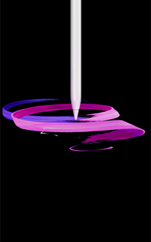 Apple Pencil Pro, pohled zepředu, orientace na výšku, boční profil, bílá barva, kreslí abstraktní fialové a růžové pruhové vzory