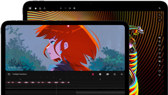 13palcový iPad Pro a 11palcový iPad Pro, pohled zepředu, orientace na šířku, vesmírně černá barva, zaoblené rohy, černý rámeček displeje, na 11palcovém displeji se zobrazuje sytě barevný obrázek postavy s červenými vlasy, na 13palcovém displeji se zobrazují barevné ovládací prvky na úpravy fotek