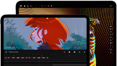 13palcový iPad Pro a 11palcový iPad Pro, pohled zepředu, orientace na šířku, vesmírně černá barva, zaoblené rohy, černý rámeček displeje, na 11palcovém displeji se zobrazuje sytě barevný obrázek postavy s červenými vlasy, na 13palcovém displeji se zobrazují barevné ovládací prvky na úpravy fotek
