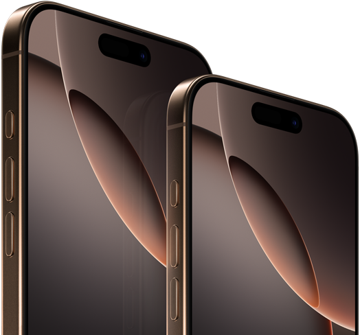 6,9palcový iPhone 16 Pro Max a 6,3palcový iPhone 16 Pro, pohled zepředu, akční tlačítko, tlačítka hlasitosti, Dynamic Island nahoře uprostřed