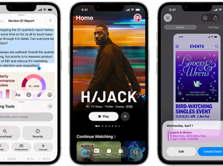 Pohled na iPhony 17e vedle sebe, na displejích je vidět rozehraná hra, Psací nástroje, aplikace Apple TV, vytváření události v kalendáři a vytváření Genmoji