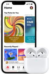 iPhone 17e, pohled zepředu, domovská stránka aplikace Apple Music, vedle jsou AirPody Pro 3 v otevřeném MagSafe nabíjecím pouzdře