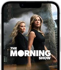 Pohled na displej iPhonu 17e, na kterém běží seriál The Morning Show v Apple TV