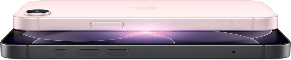 iPhone 17e, horizontální pohled z boku a zezadu, jemně růžová barva, iPhone 17e, horizontální pohled z boku a zezadu, černá barva