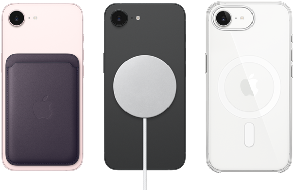 iPhone 17e, pohled zezadu, jemně růžová barva, přicvaknutá peněženka z tkaniny FineWoven s MagSafe, iPhone 17e, pohled zezadu, černá barva, přicvaknutá MagSafe nabíječka, iPhone 17e, pohled zezadu, bílá barva, nasazený průhledný kryt s MagSafe