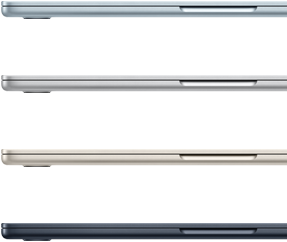 Pohled z&nbsp;boku na čtyři MacBooky&nbsp;Air ve čtyřech různých barvách