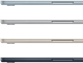 Pohled z&nbsp;boku na čtyři MacBooky&nbsp;Air ve čtyřech různých barvách