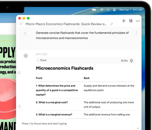Obrazovka MacBooku Air s ukážkou použitia Nástrojov na písanie Apple Intelligence na vytvorenie flash kariet o mikroekonómii a makroekonómii