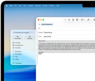 Obrazovka MacBooku Air s ukážkou použitia Nástrojov na písanie Apple Intelligence pri písaní e-mailu