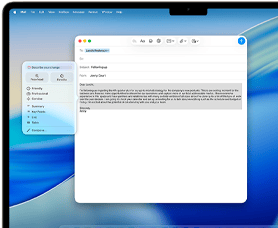 Obrazovka MacBooku Air s ukážkou použitia Nástrojov na písanie Apple Intelligence pri písaní e-mailu