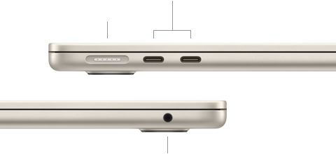 Pohľad z ľavej a pravej stany na zatvorený MacBook Air, konektor MagSafe a dva porty Thunderbolt, konektor na slúchadlá vpravo