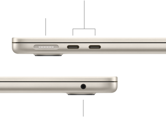 Pohľad z ľavej a pravej stany na zatvorený MacBook Air, konektor MagSafe a dva porty Thunderbolt, konektor na slúchadlá vpravo