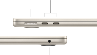 Pohľad z ľavej a pravej stany na zatvorený MacBook Air, konektor MagSafe a dva porty Thunderbolt, konektor na slúchadlá vpravo