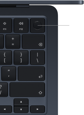 Klávesnica MacBooku Air so zvýrazneným umiestnením tlačidla Touch ID vpravo hore