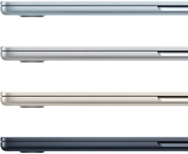 Pohľad zboku na štyri MacBooky Air v štyroch rôznych farbách