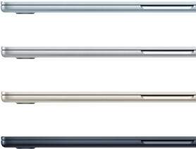 Čtyři MacBooky Air ve všech dostupných barvách: blankytně modré, stříbrné, hvězdně bílé a temně inkoustové