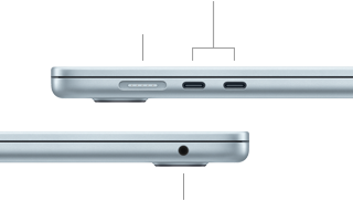 Boční pohledy na MacBook Air s viditelnými porty: MagSafe a dva porty Thunderbolt 4 na levé straně, sluchátkový konektor na pravé straně