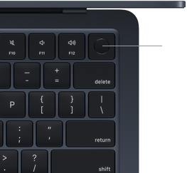 Snímač Touch ID umístěný v pravém horním rohu klávesnice MacBooku Air