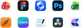 Deset ikon aplikací ve dvou řadách: PowerPoint, Figma, Shapr3D, Photoshop, Excel, Linearity, Canva, GoodNotes, DaVinci&nbsp;Resolve, Craft
