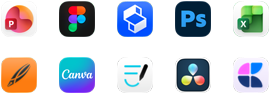 Deset ikon aplikací ve dvou řadách: PowerPoint, Figma, Shapr3D, Photoshop, Excel, Linearity, Canva, GoodNotes, DaVinci&nbsp;Resolve, Craft