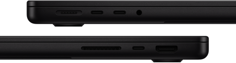 Porty MacBooku&nbsp;Pro&nbsp;– levá strana: MagSafe, dva porty Thunderbolt, sluchátkový konektor&nbsp;– pravá strana: SDXC, jeden port Thunderbolt, HDMI