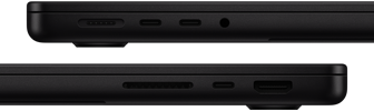 Porty MacBooku&nbsp;Pro&nbsp;– levá strana: MagSafe, dva porty Thunderbolt, sluchátkový konektor&nbsp;– pravá strana: SDXC, jeden port Thunderbolt, HDMI