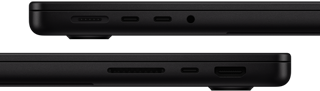 Porty MacBooku&nbsp;Pro&nbsp;– levá strana: MagSafe, dva porty Thunderbolt, sluchátkový konektor&nbsp;– pravá strana: SDXC, jeden port Thunderbolt, HDMI