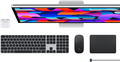 Doplňky k&nbsp;Macu: AirPody, Studio&nbsp;Display, Magic&nbsp;Keyboard, Magic&nbsp;Mouse, Magic&nbsp;Trackpad, MagSafe nabíjecí kabel