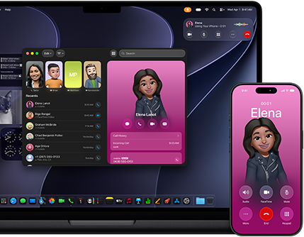 MacBook&nbsp;Pro a&nbsp;iPhone, otevřená aplikace Telefon, na obou obrazovkách se ukazuje stejný kontakt