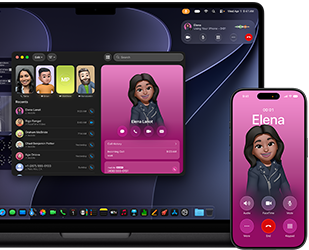MacBook&nbsp;Pro a&nbsp;iPhone, otevřená aplikace Telefon, na obou obrazovkách se ukazuje stejný kontakt