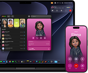 MacBook&nbsp;Pro a&nbsp;iPhone, otevřená aplikace Telefon, na obou obrazovkách se ukazuje stejný kontakt