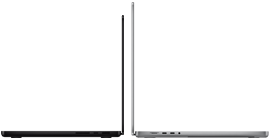 14palcový vesmírně černý MacBook&nbsp;Pro vedle 16palcového stříbrného MacBooku&nbsp;Pro