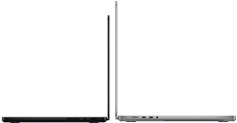 14palcový vesmírně černý MacBook&nbsp;Pro vedle 16palcového stříbrného MacBooku&nbsp;Pro