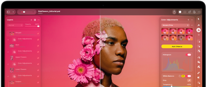Na MacBooku&nbsp;Pro je vidět upravování fotky člověka v&nbsp;Pixelmator Pro