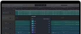 MacBook&nbsp;Pro, Logic&nbsp;Pro, zvukové vlny, panel Stem Splitteru, kategorie: vocals, drums, bass, other, každá se samostatnou zvukovou vlnou