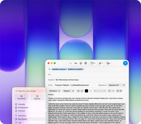 Obrazovka MacBooku Neo s ukážkou použitia Písacích nástrojov Apple Intelligence v Maile, užívateľ si necháva skontrolovať dlhší odsek ve‑mailu, ktorý obsahuje spätnú väzbu na publikáciu