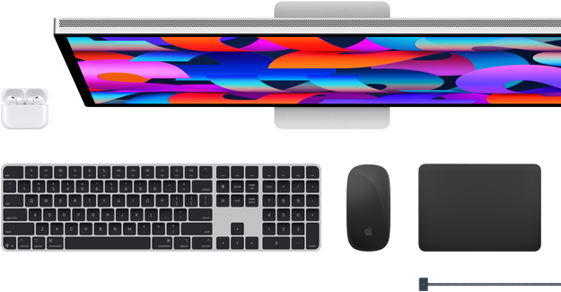 Doplňky k Macu: AirPody, Studio Display, Magic Keyboard, Magic Mouse, Magic Trackpad, MagSafe nabíjecí kabel